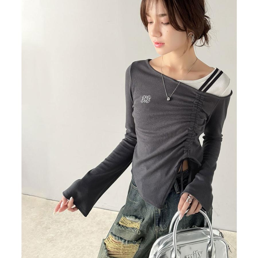 【mily bilet】 トップス Tシャツ レディース アシンメトリー ネック レイヤード 風 シャーリング 使い 袖 フレア 胸 刺繍 カットソー 長袖 | classicalelf | 11