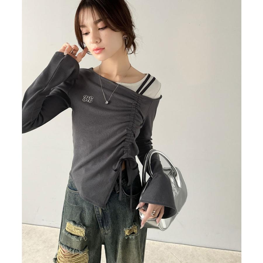 【mily bilet】 トップス Tシャツ レディース アシンメトリー ネック レイヤード 風 シャーリング 使い 袖 フレア 胸 刺繍 カットソー 長袖 | classicalelf | 12