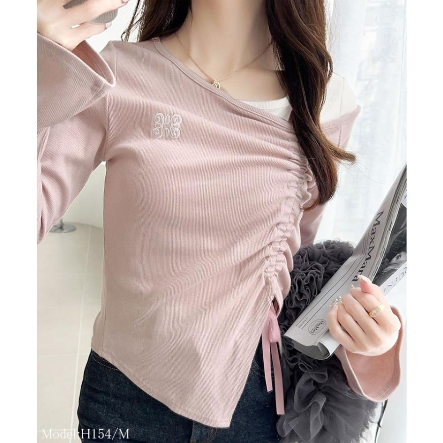 【mily bilet】 トップス Tシャツ レディース アシンメトリー ネック レイヤード 風 シャーリング 使い 袖 フレア 胸 刺繍 カットソー 長袖 | classicalelf | 13