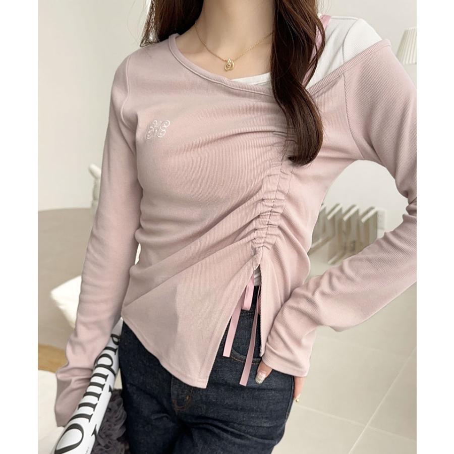 【mily bilet】 トップス Tシャツ レディース アシンメトリー ネック レイヤード 風 シャーリング 使い 袖 フレア 胸 刺繍 カットソー 長袖 | classicalelf | 14