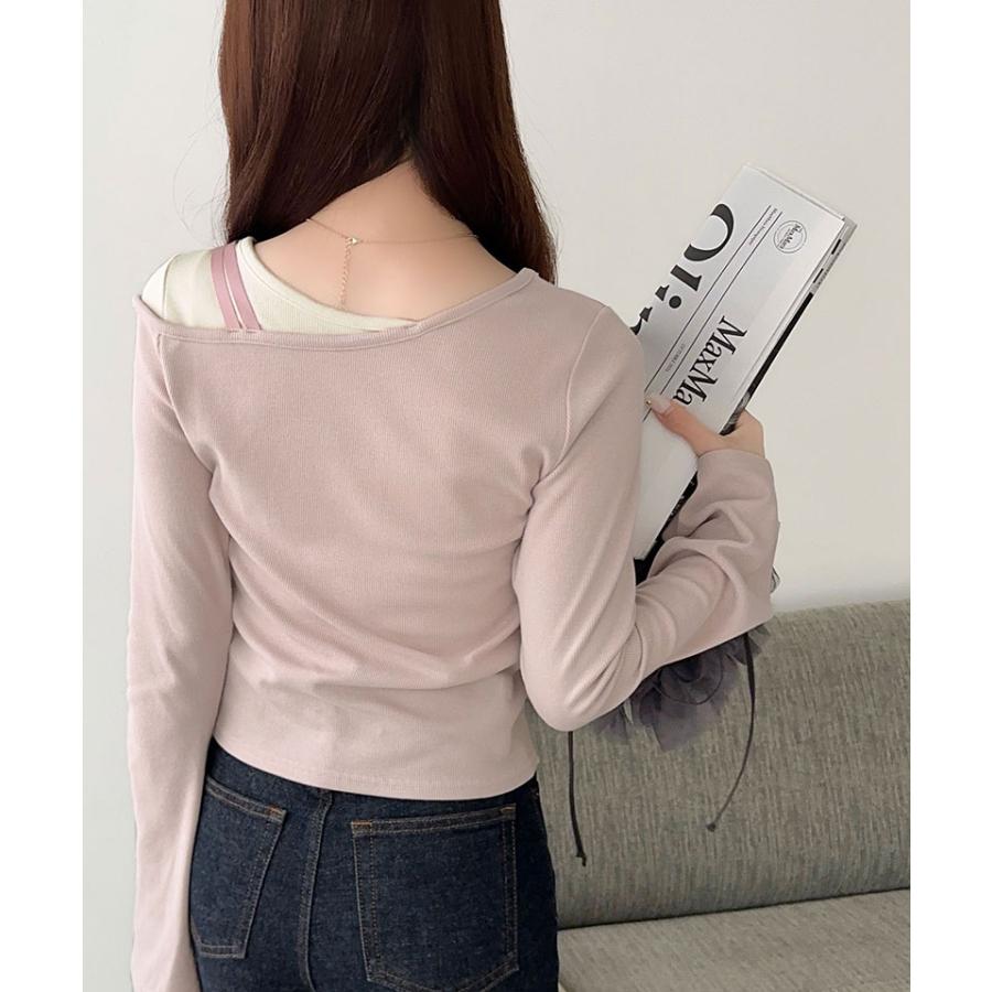 【mily bilet】 トップス Tシャツ レディース アシンメトリー ネック レイヤード 風 シャーリング 使い 袖 フレア 胸 刺繍 カットソー 長袖 | classicalelf | 15