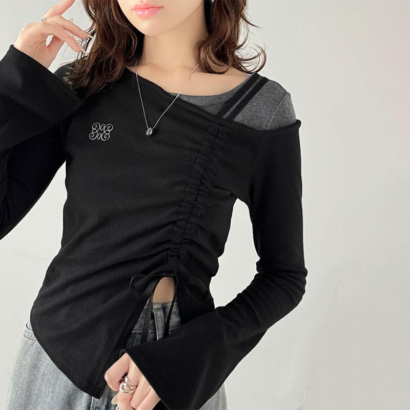 【mily bilet】 トップス Tシャツ レディース アシンメトリー ネック レイヤード 風 シャーリング 使い 袖 フレア 胸 刺繍 カットソー 長袖 | classicalelf | 18