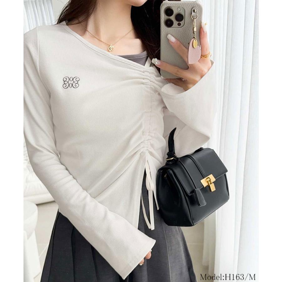 【mily bilet】 トップス Tシャツ レディース アシンメトリー ネック レイヤード 風 シャーリング 使い 袖 フレア 胸 刺繍 カットソー 長袖 | classicalelf | 03