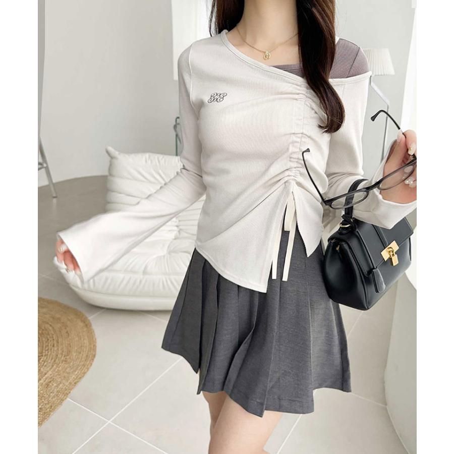 【mily bilet】 トップス Tシャツ レディース アシンメトリー ネック レイヤード 風 シャーリング 使い 袖 フレア 胸 刺繍 カットソー 長袖 | classicalelf | 04