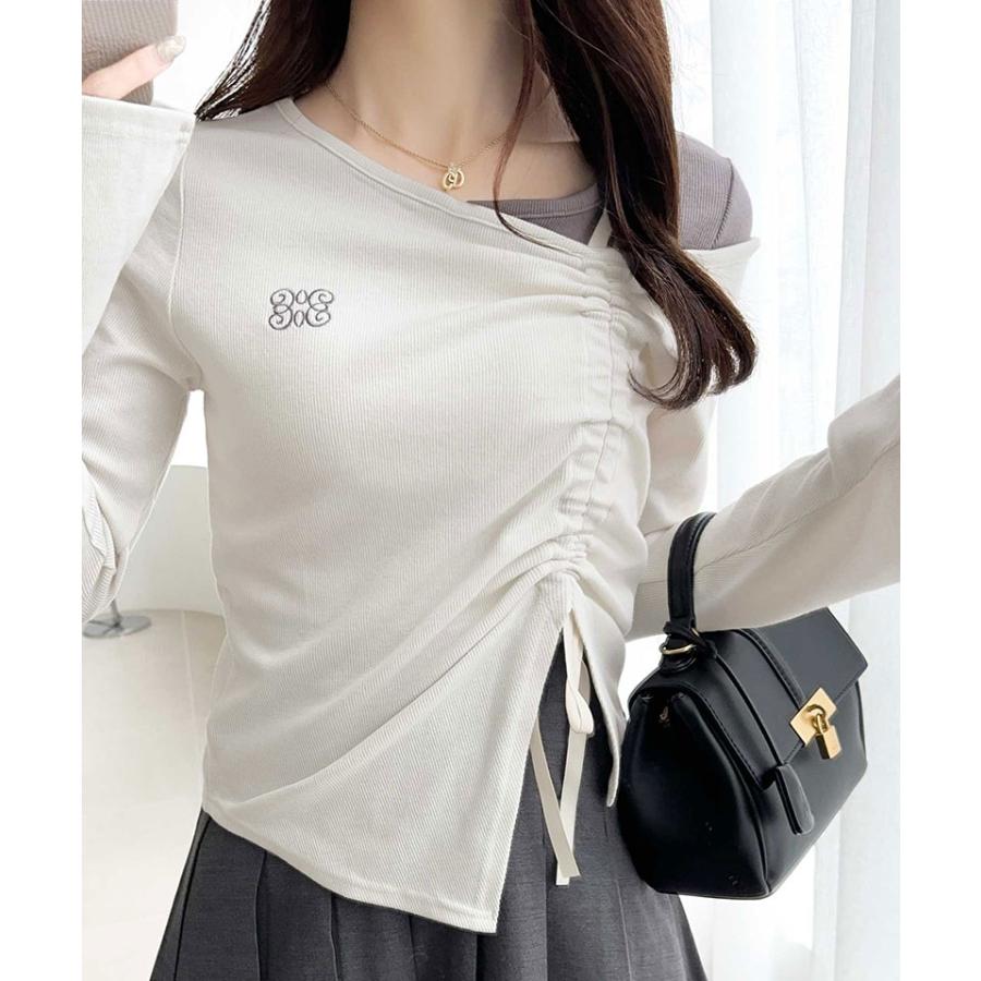 【mily bilet】 トップス Tシャツ レディース アシンメトリー ネック レイヤード 風 シャーリング 使い 袖 フレア 胸 刺繍 カットソー 長袖 | classicalelf | 05