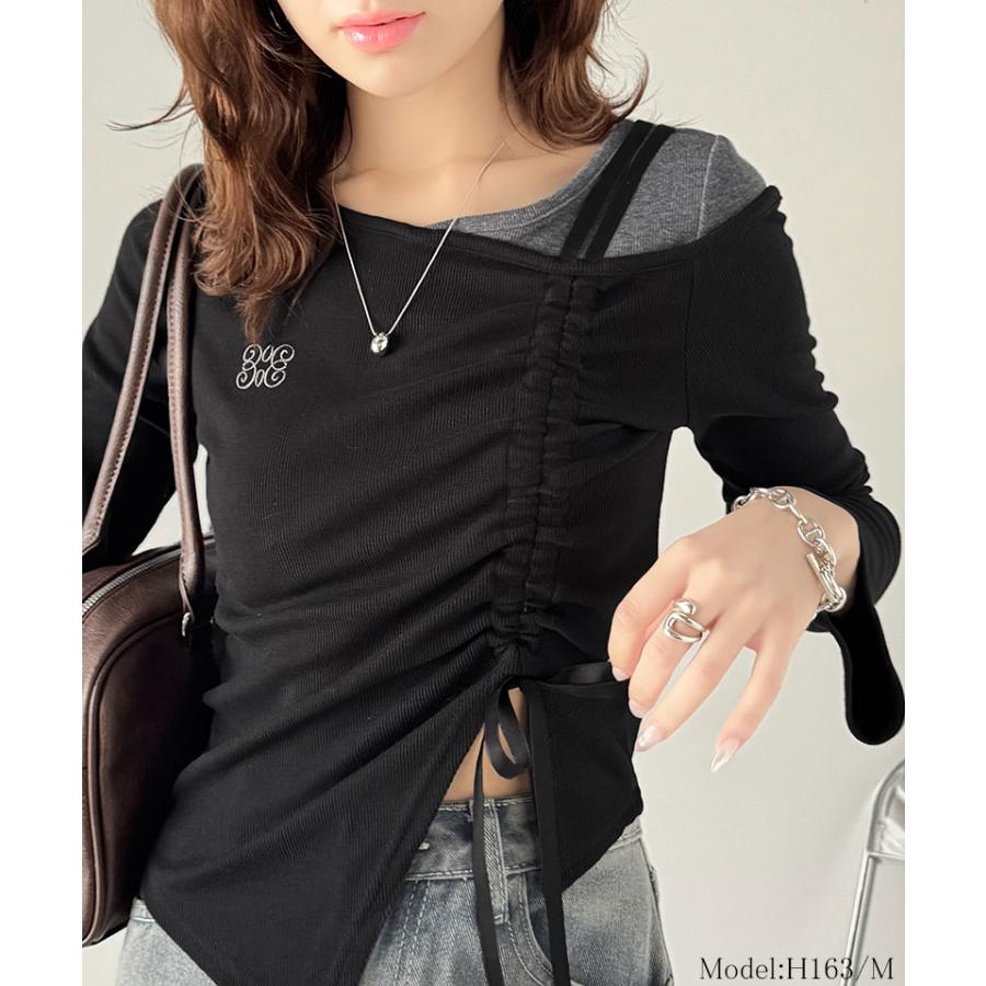 【mily bilet】 トップス Tシャツ レディース アシンメトリー ネック レイヤード 風 シャーリング 使い 袖 フレア 胸 刺繍 カットソー 長袖 | classicalelf | 07