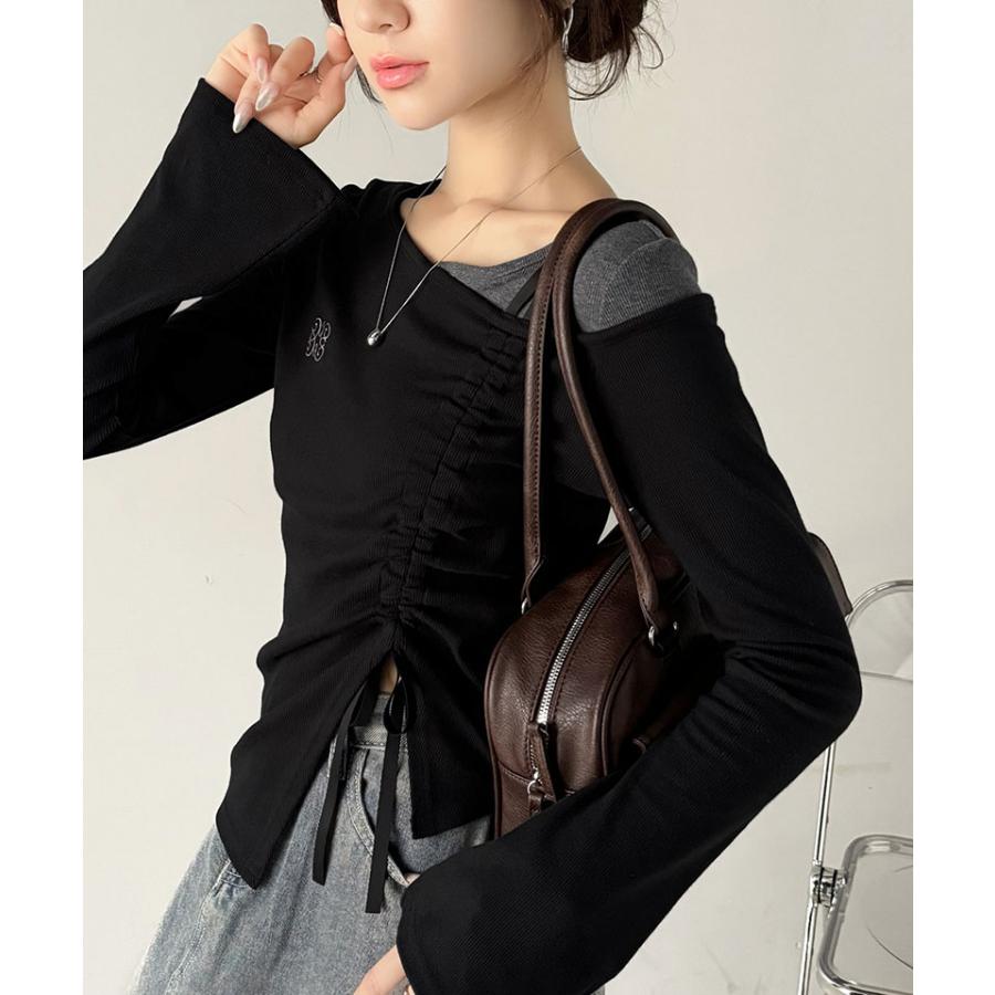 【mily bilet】 トップス Tシャツ レディース アシンメトリー ネック レイヤード 風 シャーリング 使い 袖 フレア 胸 刺繍 カットソー 長袖 | classicalelf | 08