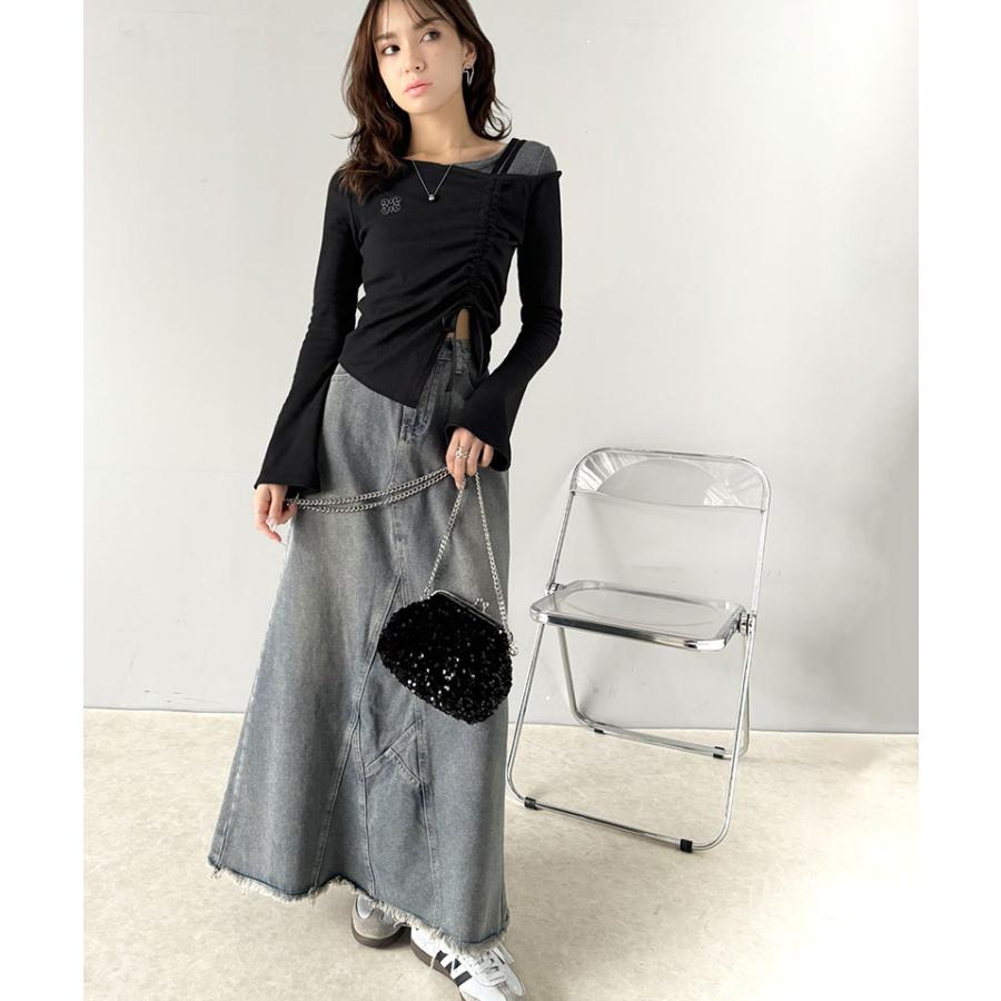 【mily bilet】 トップス Tシャツ レディース アシンメトリー ネック レイヤード 風 シャーリング 使い 袖 フレア 胸 刺繍 カットソー 長袖 | classicalelf | 09