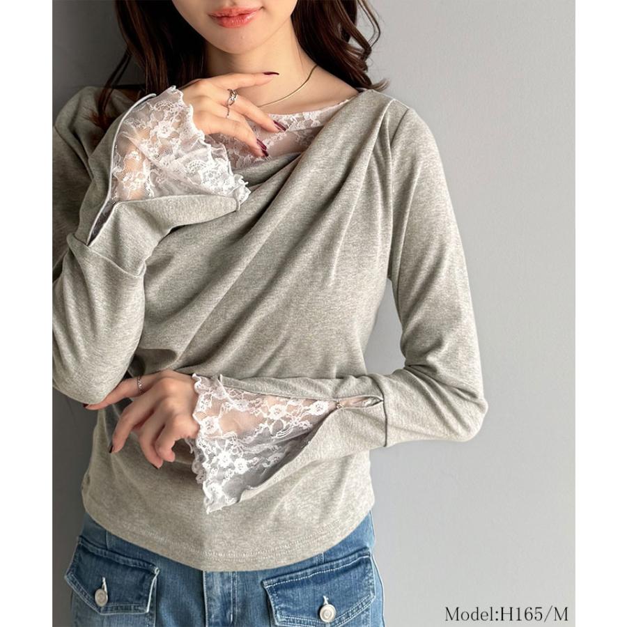 【mily bilet】トップス Tシャツ レディース レース 切替え 胸元 ドレープ フレア スリーブ プルオーバー 長袖 大きいサイズ 秋 冬 2025aw | classicalelf | 10