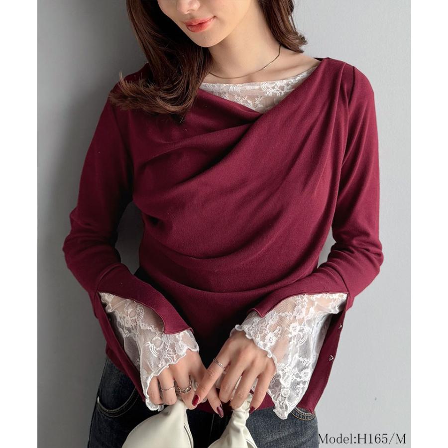 【mily bilet】トップス Tシャツ レディース レース 切替え 胸元 ドレープ フレア スリーブ プルオーバー 長袖 大きいサイズ 秋 冬 2025aw | classicalelf | 13