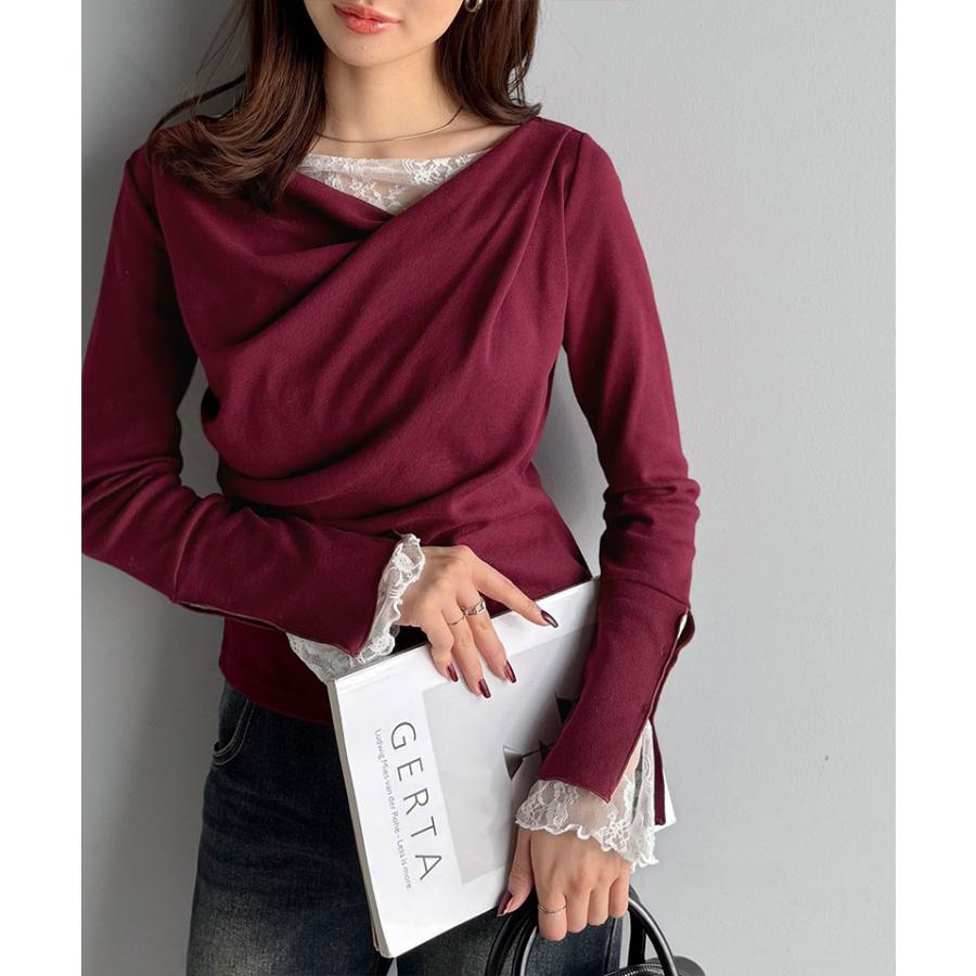 【mily bilet】トップス Tシャツ レディース レース 切替え 胸元 ドレープ フレア スリーブ プルオーバー 長袖 大きいサイズ 秋 冬 2025aw | classicalelf | 14