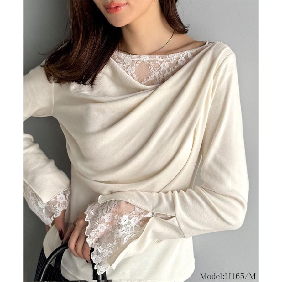 【mily bilet】トップス Tシャツ レディース レース 切替え 胸元 ドレープ フレア スリーブ プルオーバー 長袖 大きいサイズ 秋 冬 2025aw | classicalelf | 02