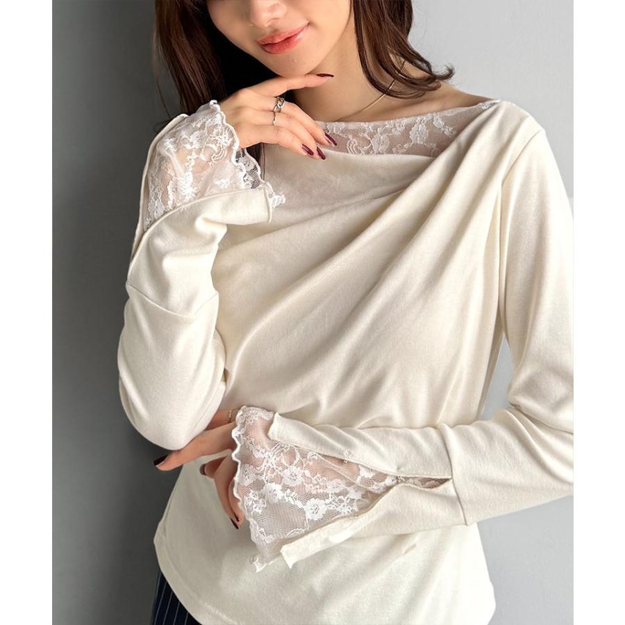 【mily bilet】トップス Tシャツ レディース レース 切替え 胸元 ドレープ フレア スリーブ プルオーバー 長袖 大きいサイズ 秋 冬 2025aw | classicalelf | 04