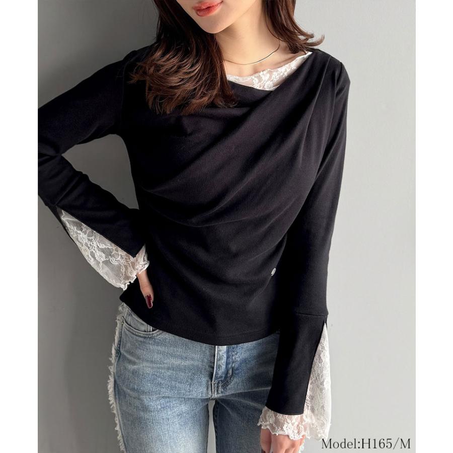 【mily bilet】トップス Tシャツ レディース レース 切替え 胸元 ドレープ フレア スリーブ プルオーバー 長袖 大きいサイズ 秋 冬 2025aw | classicalelf | 06