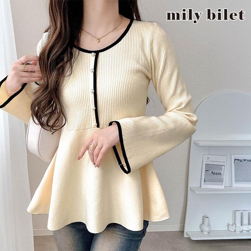 【mily bilet】ニット レディース 長袖 トップス 配色パールボタン リブニット ペプラム 上品 フリル 伸縮性 リブ素材 配色デザイン メリハリ | classicalelf