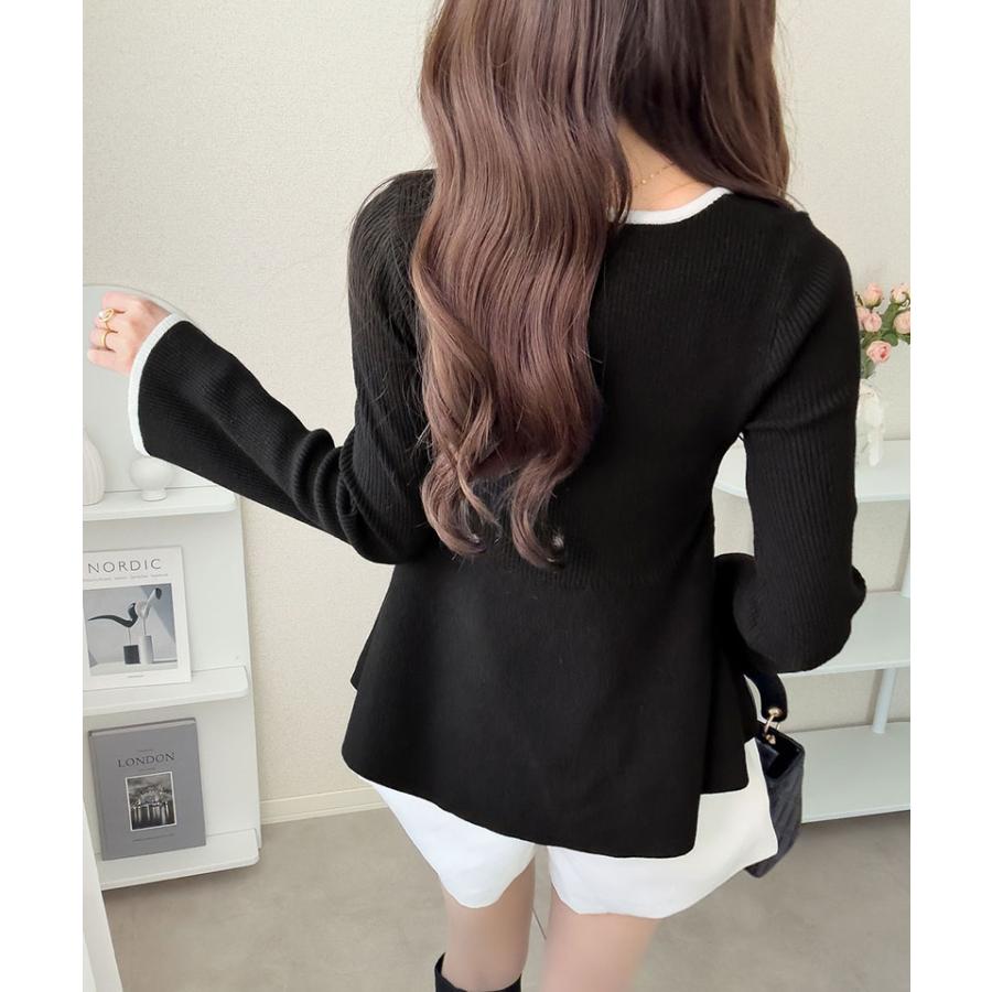 【mily bilet】ニット レディース 長袖 トップス 配色パールボタン リブニット ペプラム 上品 フリル 伸縮性 リブ素材 配色デザイン メリハリ | classicalelf | 10