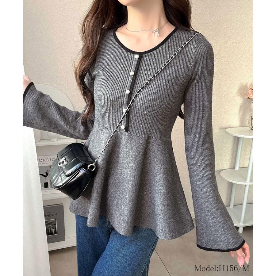 【mily bilet】ニット レディース 長袖 トップス 配色パールボタン リブニット ペプラム 上品 フリル 伸縮性 リブ素材 配色デザイン メリハリ | classicalelf | 12