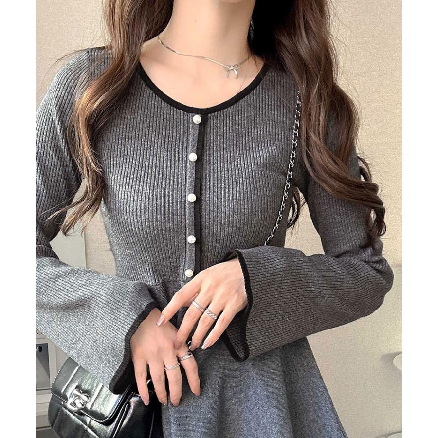【mily bilet】ニット レディース 長袖 トップス 配色パールボタン リブニット ペプラム 上品 フリル 伸縮性 リブ素材 配色デザイン メリハリ | classicalelf | 13