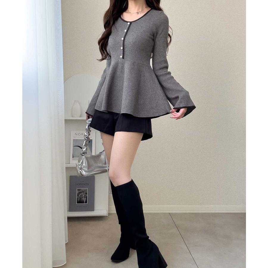 【mily bilet】ニット レディース 長袖 トップス 配色パールボタン リブニット ペプラム 上品 フリル 伸縮性 リブ素材 配色デザイン メリハリ | classicalelf | 14