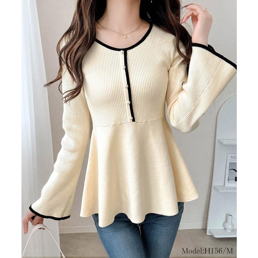 【mily bilet】ニット レディース 長袖 トップス 配色パールボタン リブニット ペプラム 上品 フリル 伸縮性 リブ素材 配色デザイン メリハリ | classicalelf | 02