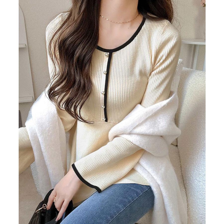 【mily bilet】ニット レディース 長袖 トップス 配色パールボタン リブニット ペプラム 上品 フリル 伸縮性 リブ素材 配色デザイン メリハリ | classicalelf | 03
