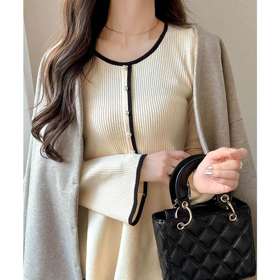 【mily bilet】ニット レディース 長袖 トップス 配色パールボタン リブニット ペプラム 上品 フリル 伸縮性 リブ素材 配色デザイン メリハリ | classicalelf | 06