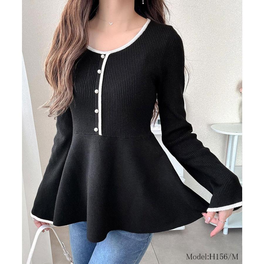 【mily bilet】ニット レディース 長袖 トップス 配色パールボタン リブニット ペプラム 上品 フリル 伸縮性 リブ素材 配色デザイン メリハリ | classicalelf | 07
