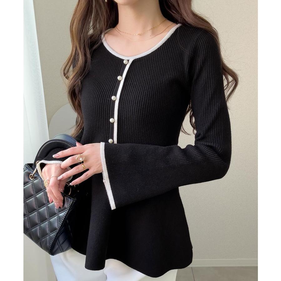 【mily bilet】ニット レディース 長袖 トップス 配色パールボタン リブニット ペプラム 上品 フリル 伸縮性 リブ素材 配色デザイン メリハリ | classicalelf | 08