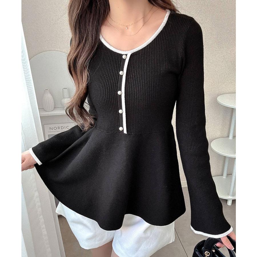 【mily bilet】ニット レディース 長袖 トップス 配色パールボタン リブニット ペプラム 上品 フリル 伸縮性 リブ素材 配色デザイン メリハリ | classicalelf | 09