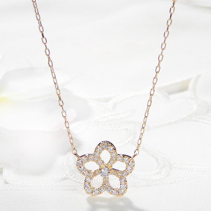 Pt950 K18YG 0.35ct 天然 ダイヤモンドSIクラス 送料無料 18金 ゴールド ダイア ダイアモンド ネックレス 花 フラワー ペンダント ギフト プレゼント CSN00222の画像
