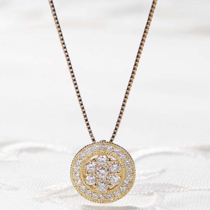 Pt950 K18YG 0.30ct ダイヤモンド サークル ネックレス 送料無料 18金 ゴールド ダイア 花 フラワー ラウンド ダイヤ 0.3カラット クラシックチェス CSN00226の画像