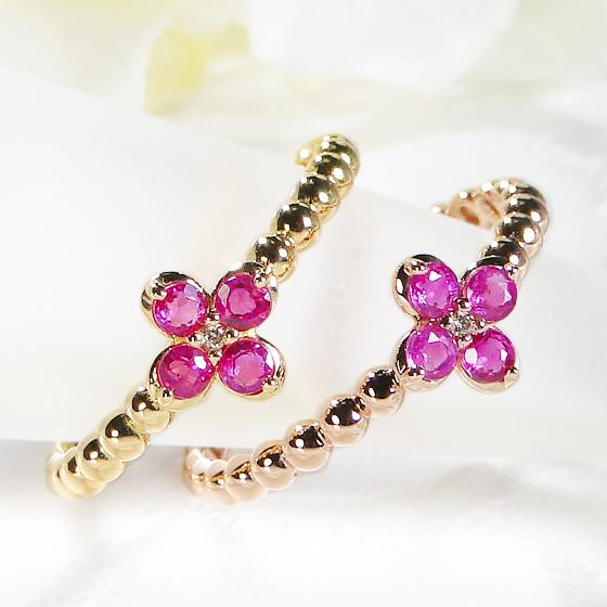 天然ピンクルビー 、天然ダイヤモンド、PTフラワーデザインリング 0.4ct ピンク ダイヤモンド フラワー リング プラチナ Pt900