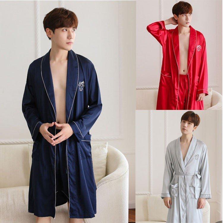 メンズ バスローブ 2点セット春秋 長袖 絹 ベルト付き パジャマ 男性用 ナイトガウン 半ズボン ネグリジェ ルームウエア 部屋着 新しいブランド