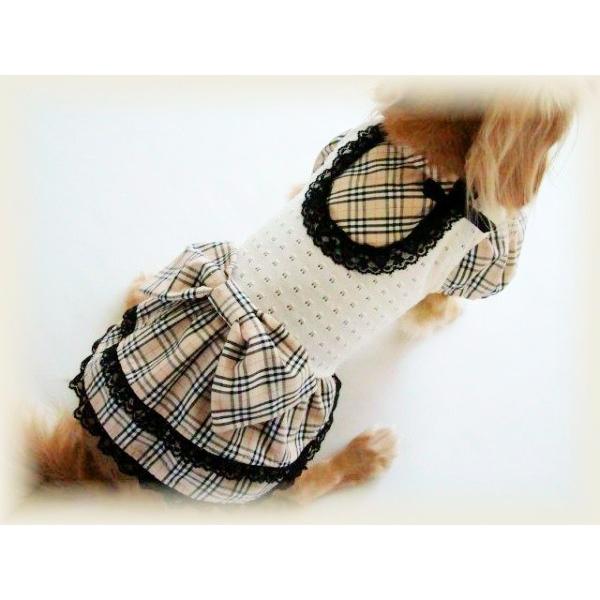 ベージュのチェックリボンワンピ　SS〜Ｌ　犬　ワンピース |  | 01