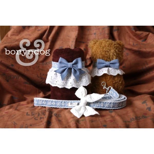 【30％OFF】bonyndog　デニムリボンのホワイトレース カラー＆リードセット　XS〜XL | 