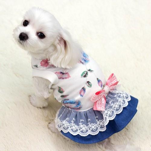 フラワーデニムレースワンピース　S〜XL　犬　服 |  | 01