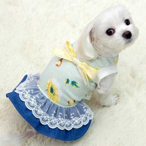 フラワーデニムレースワンピース　S〜XL　犬　服 |  | 02