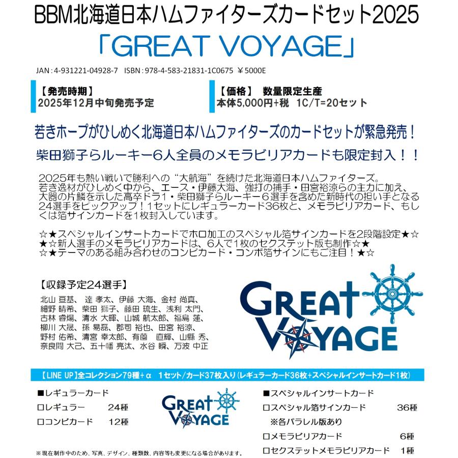 日本ハムファイターズレアカードセット❗ BBM北海道日本ハムファイターズカードセット2025 「GREAT VOYAGE」 1