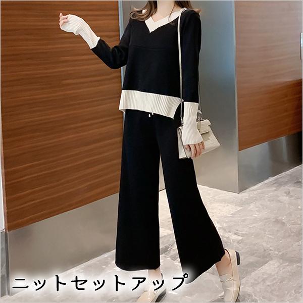ニットセットアップ トップス 体型カバー Ｖネック 2サイズ カジュアル シンプル レディース 長袖 重ね着 韓国ファッション おしゃれ | 