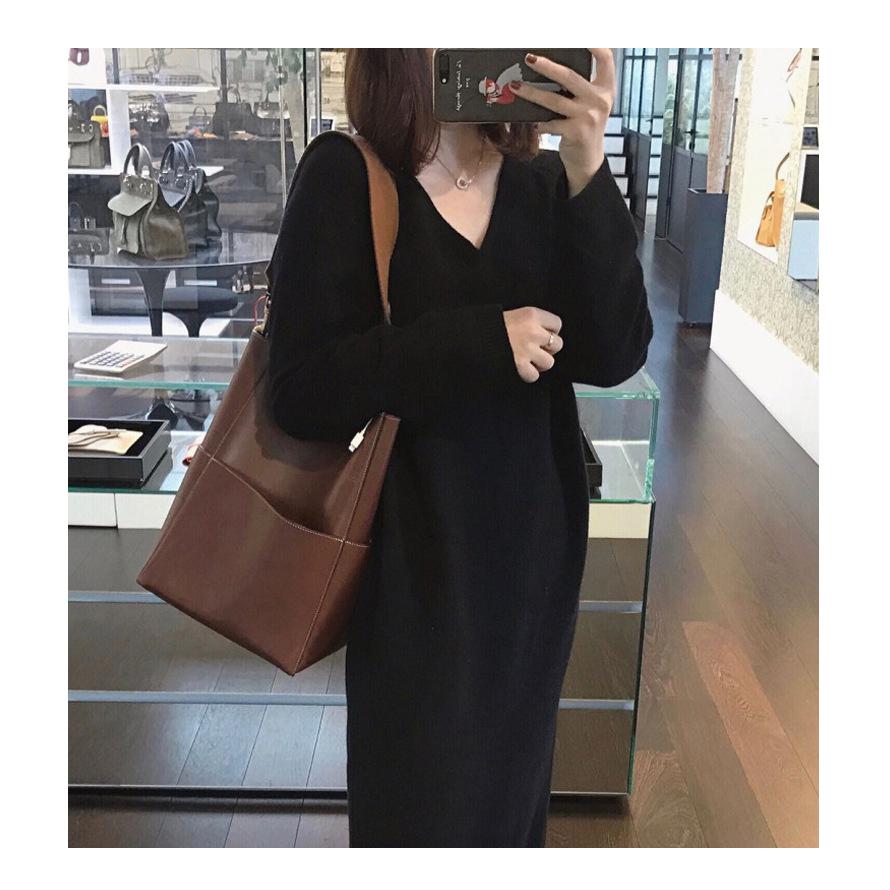 ニットワンピース 長袖  ロング丈 ゆったり Vネック シンプル 重ね着 デイリー 韓国ファッション おしゃれ 秋冬 ワンピース |  | 10