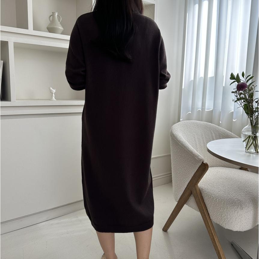ニットワンピース 長袖  ロング丈 ゆったり Vネック シンプル 重ね着 デイリー 韓国ファッション おしゃれ 秋冬 ワンピース |  | 06