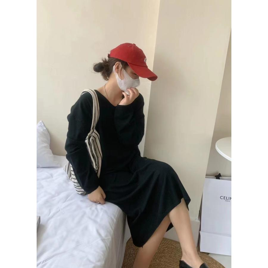 ニットワンピース 長袖  ロング丈 ゆったり Vネック シンプル 重ね着 デイリー 韓国ファッション おしゃれ 秋冬 ワンピース |  | 07