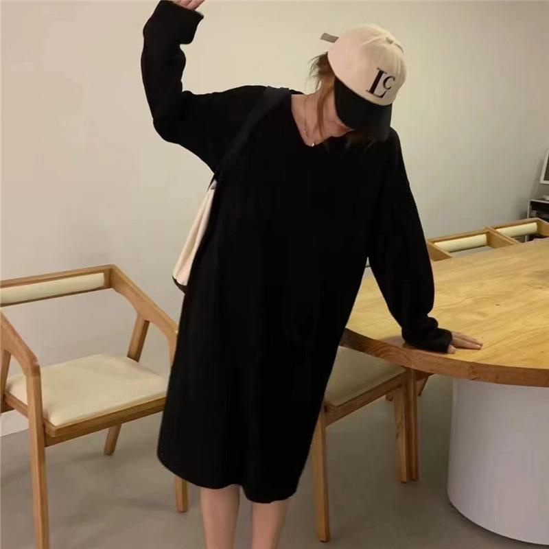 ニットワンピース 長袖  ロング丈 ゆったり Vネック シンプル 重ね着 デイリー 韓国ファッション おしゃれ 秋冬 ワンピース |  | 08