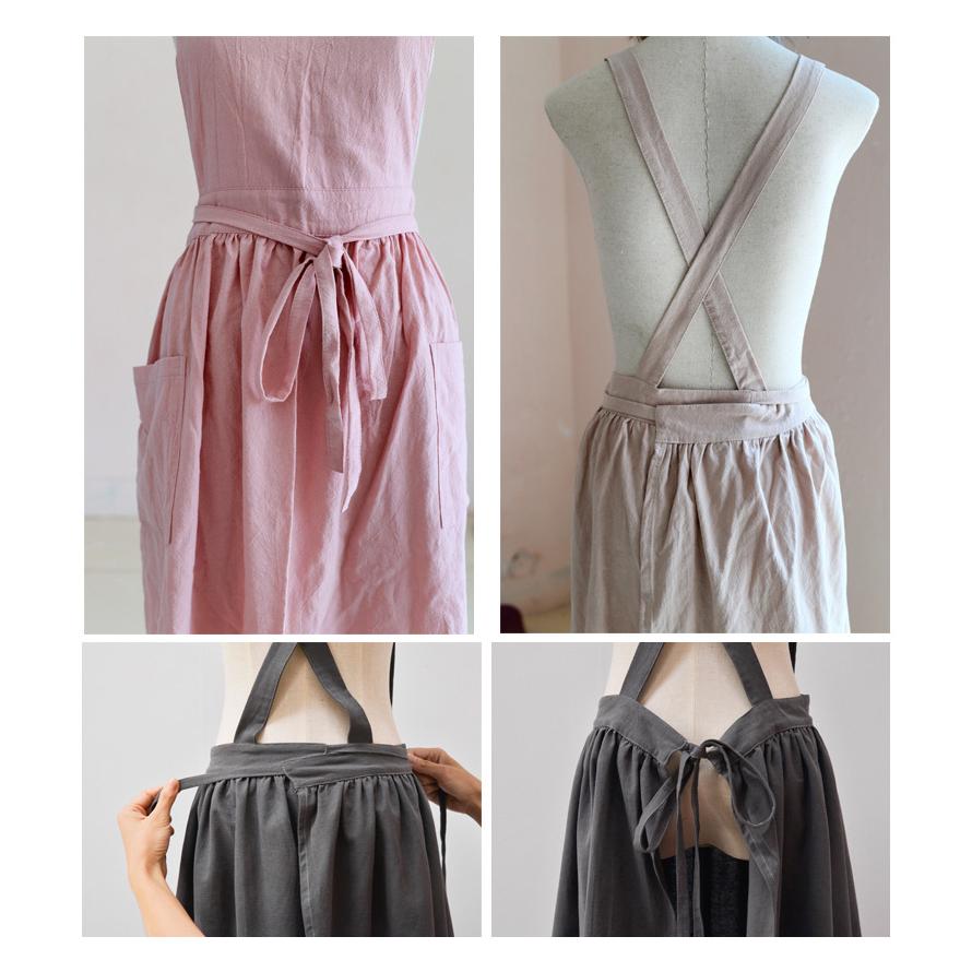 コットン ギャザー エプロン ポケット付き ワンピース風 ナチュラル
