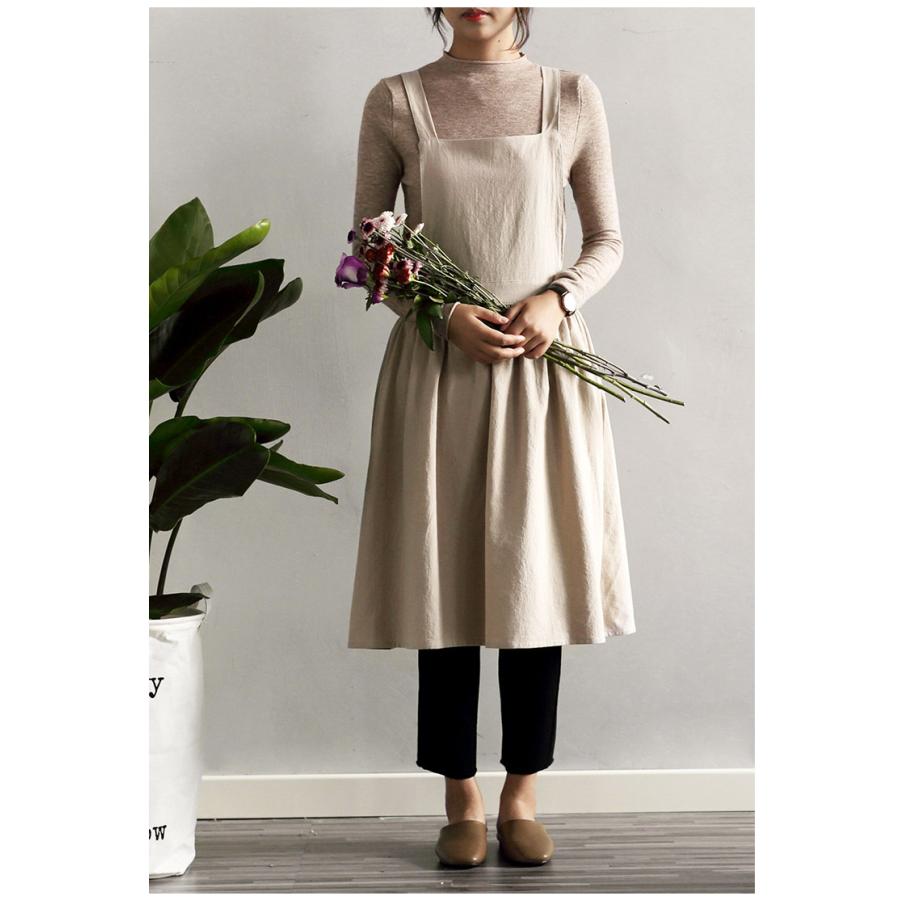 コットン ギャザー エプロン ポケット付き ワンピース風 ナチュラル