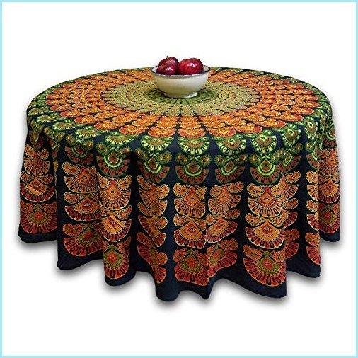 買い付け 新品Handmade Cotton Sanganer Peacock Mandala Floral Tablecloth Round 72 Inch Green