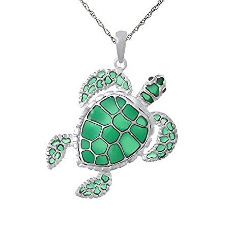 925 Sterling Silver Sea Turtle Charm Necklace Pendant with Chain, Green Sta