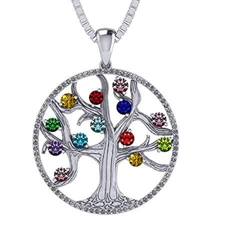 Tree of Life Necklace 1-13 Birthstone Pendant w/1mm Box Chain-Platinum Plat