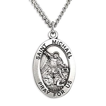 Men's Saint Michael Sterling Silver Oval Pendant + 24 Inch Sterling Silver