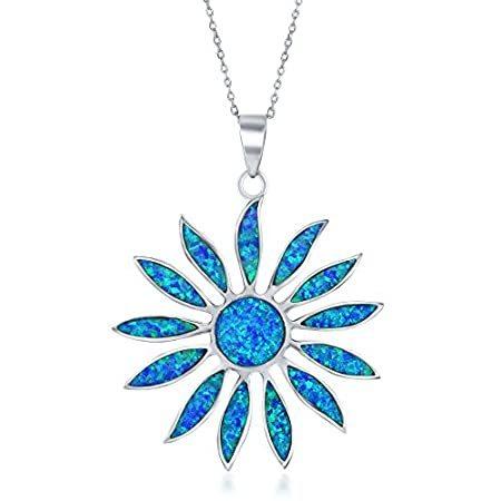 Created Blue Opal Daisy Flower Designed Sterling Silver Pendant 18’’ Neckla